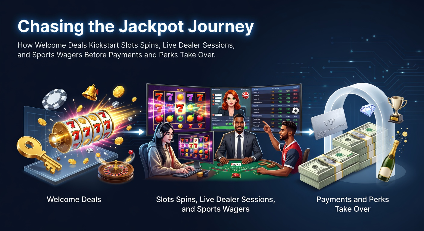 Vibrant online casino interface showing spinning slots reels, live dealer blackjack table, and sports betting odds display with a welcome bonus popup overlay