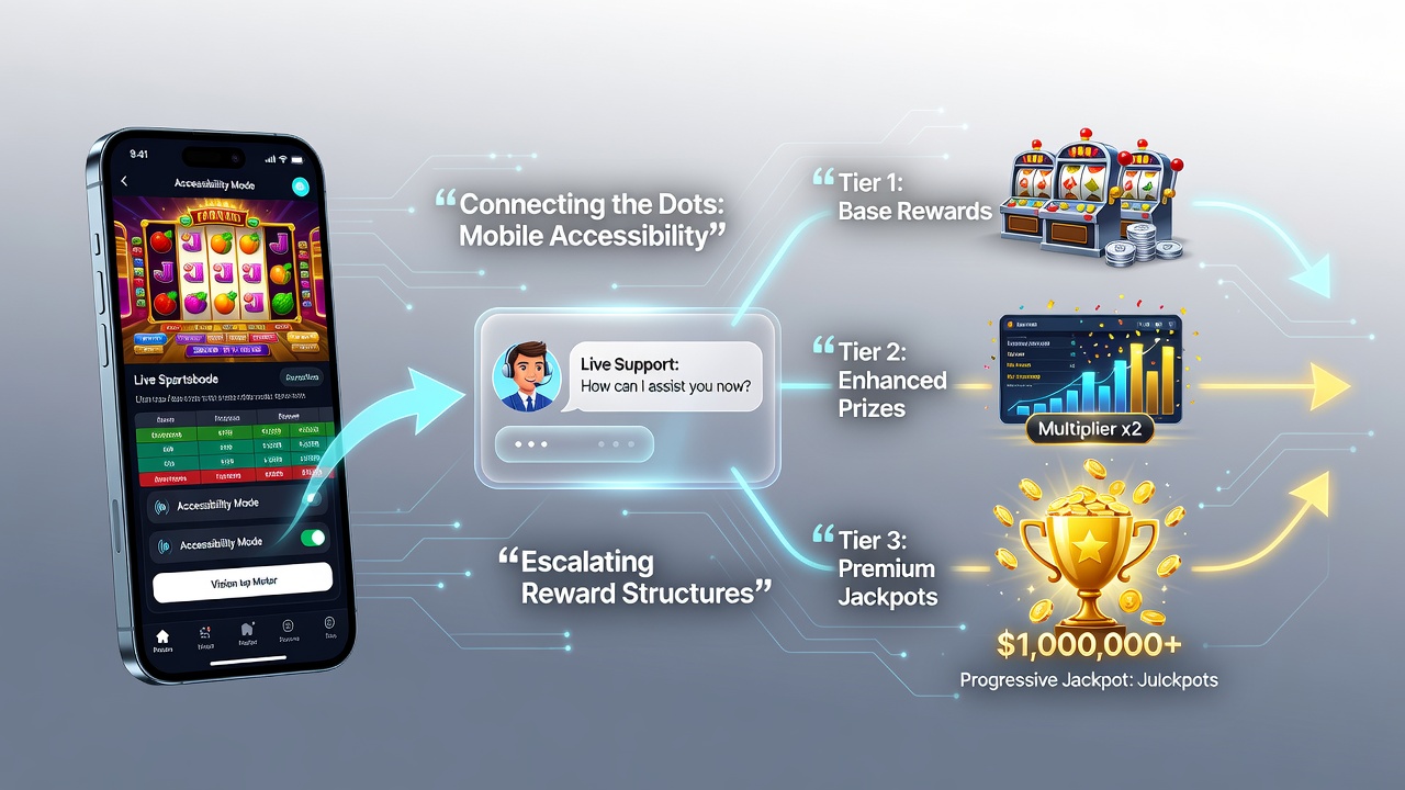 Mobile device displaying interconnected slot and sportsbook features with accessibility icons and reward indicators