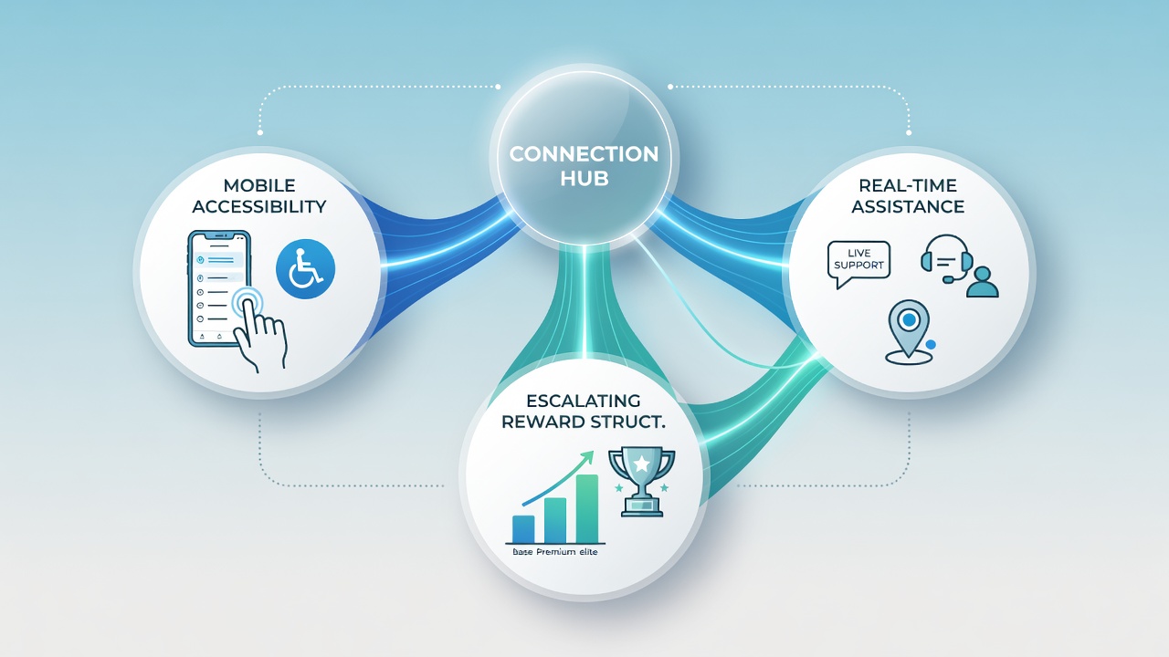 Illustration of reward tiers and live assistance features on a sportsbook mobile interface