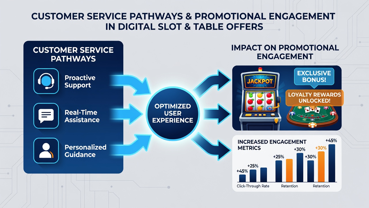 Illustration of support agents assisting players with slot and table game promotions via various channels