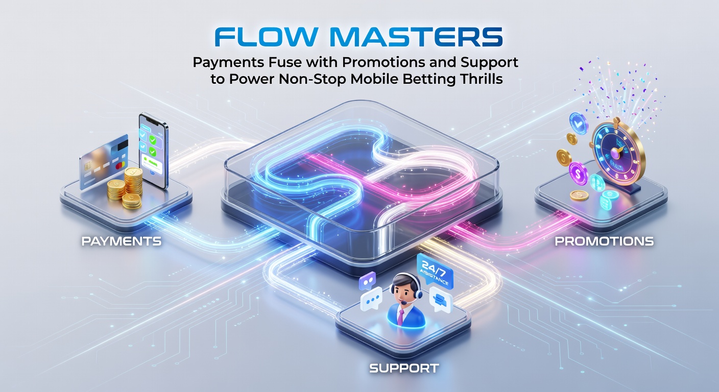 Dynamic graphic of payments flowing into promotions and support icons, illustrating integrated mobile betting ecosystem