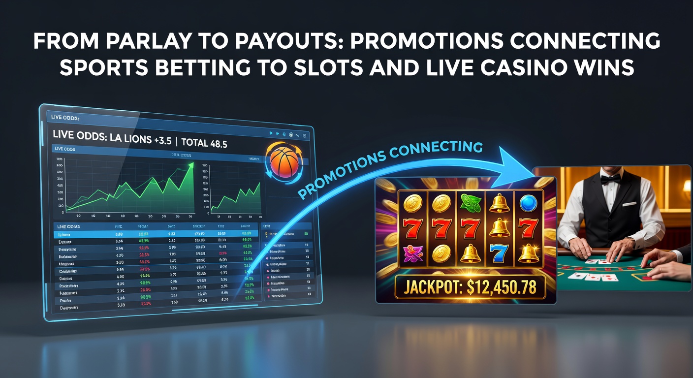 Sports betting slip transitioning into slot machine reels and live dealer table, illustrating cross-promotion flow