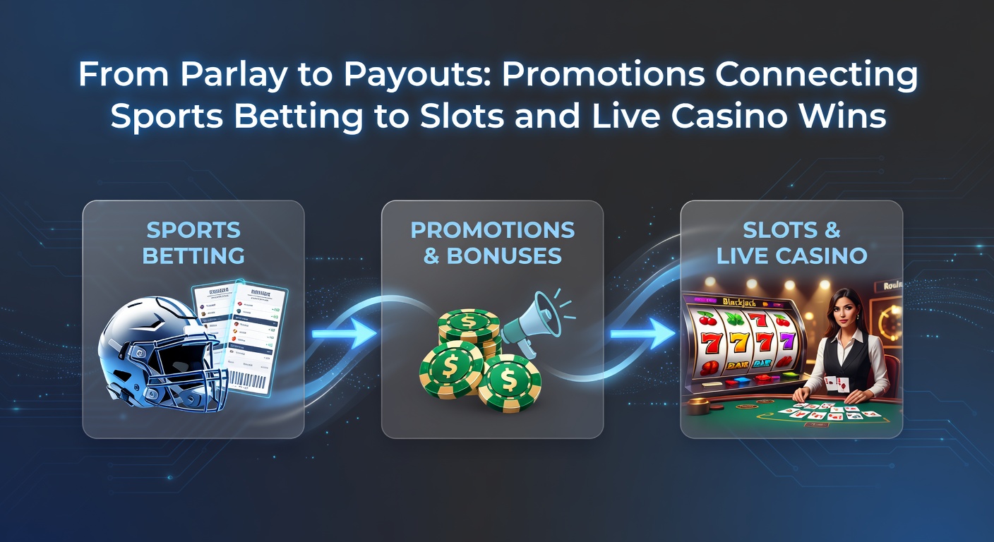 Dynamic graphic showing money flow from sports parlay bet to exploding slot jackpot and live dealer payout, with promotional icons overlayed