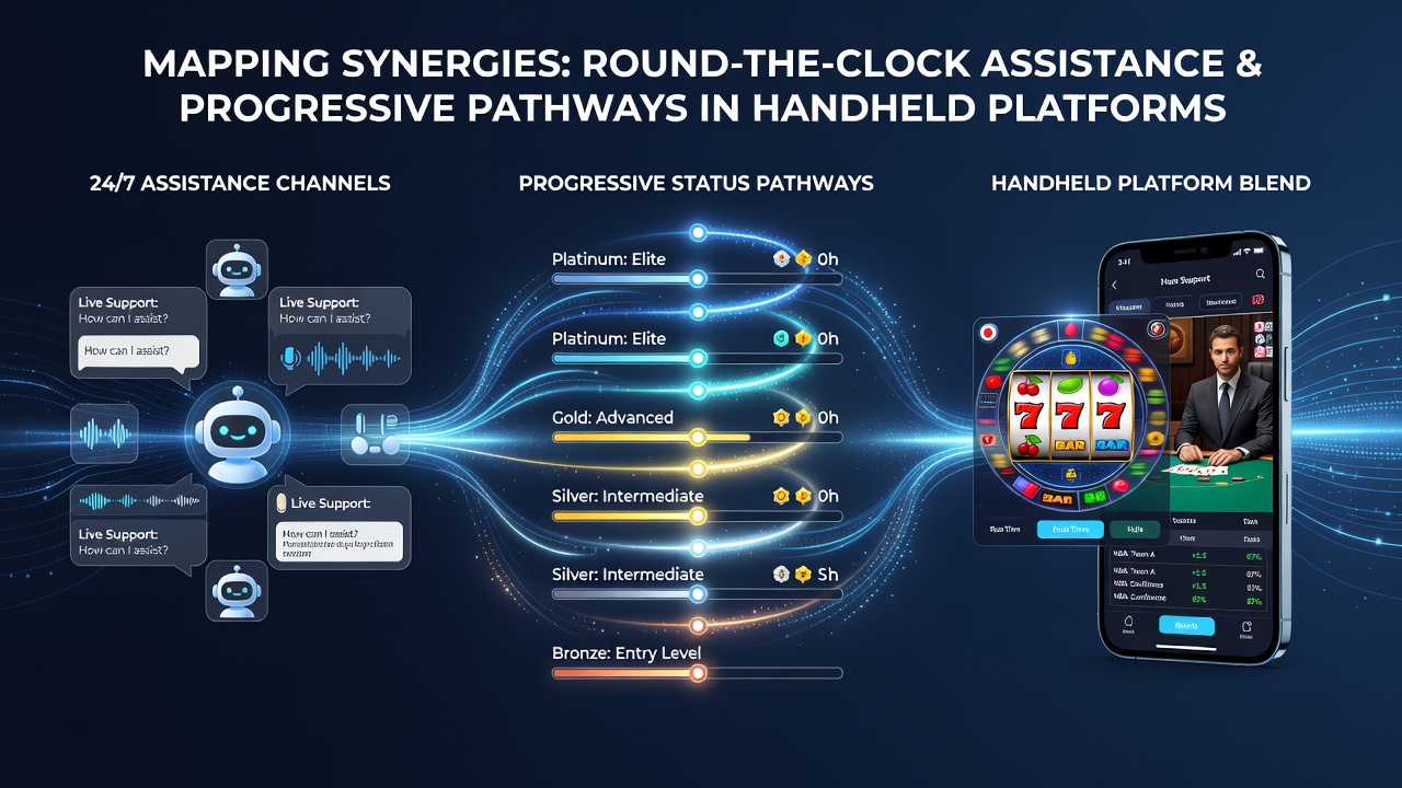 Mobile platform interface showing integrated support chat alongside tier progression indicators for slots, live dealer, and sports betting features
