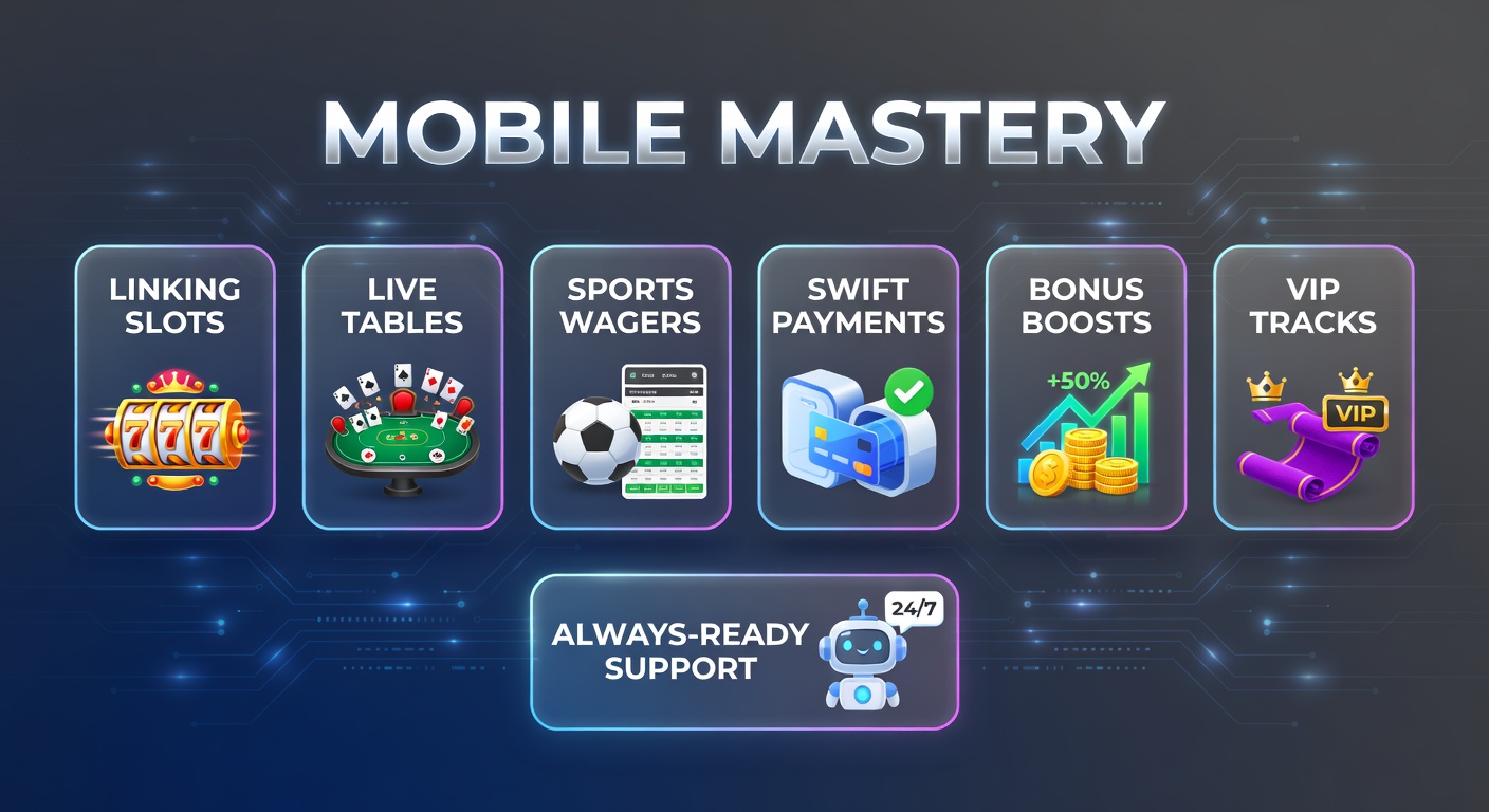 Vibrant mobile screen displaying interconnected slots, live dealer tables, sports betting odds, payment icons, bonus notifications, VIP tiers, and chat support bubble