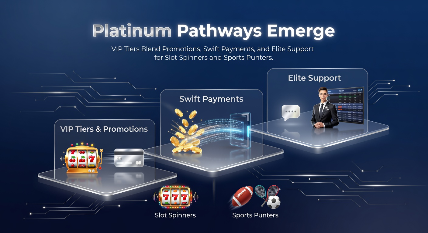 Vibrant digital illustration of a golden VIP ladder ascending through casino slots and sports betting interfaces, with cascading bonuses and swift payment icons