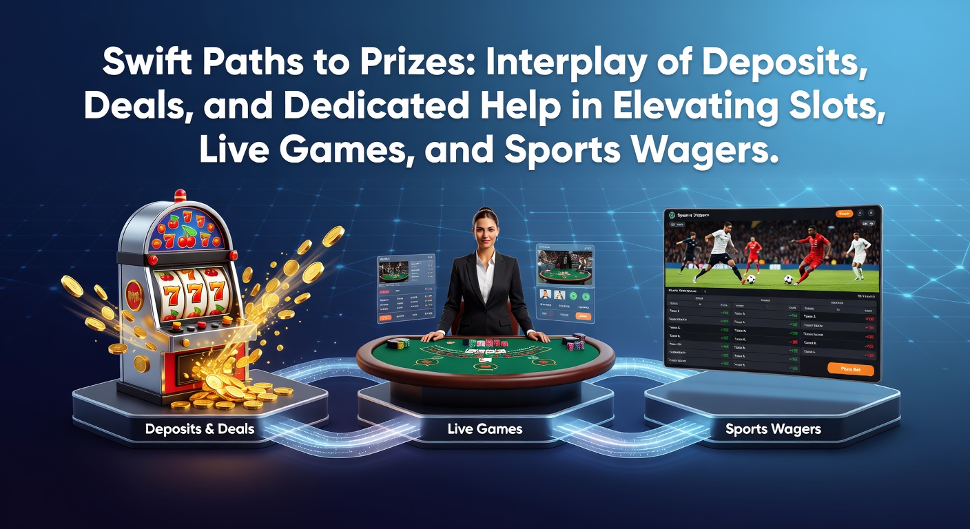 Dynamic online gaming scene showing swift deposit interfaces, bonus promotions, and support chat boosting slots, live tables, and sports bets
