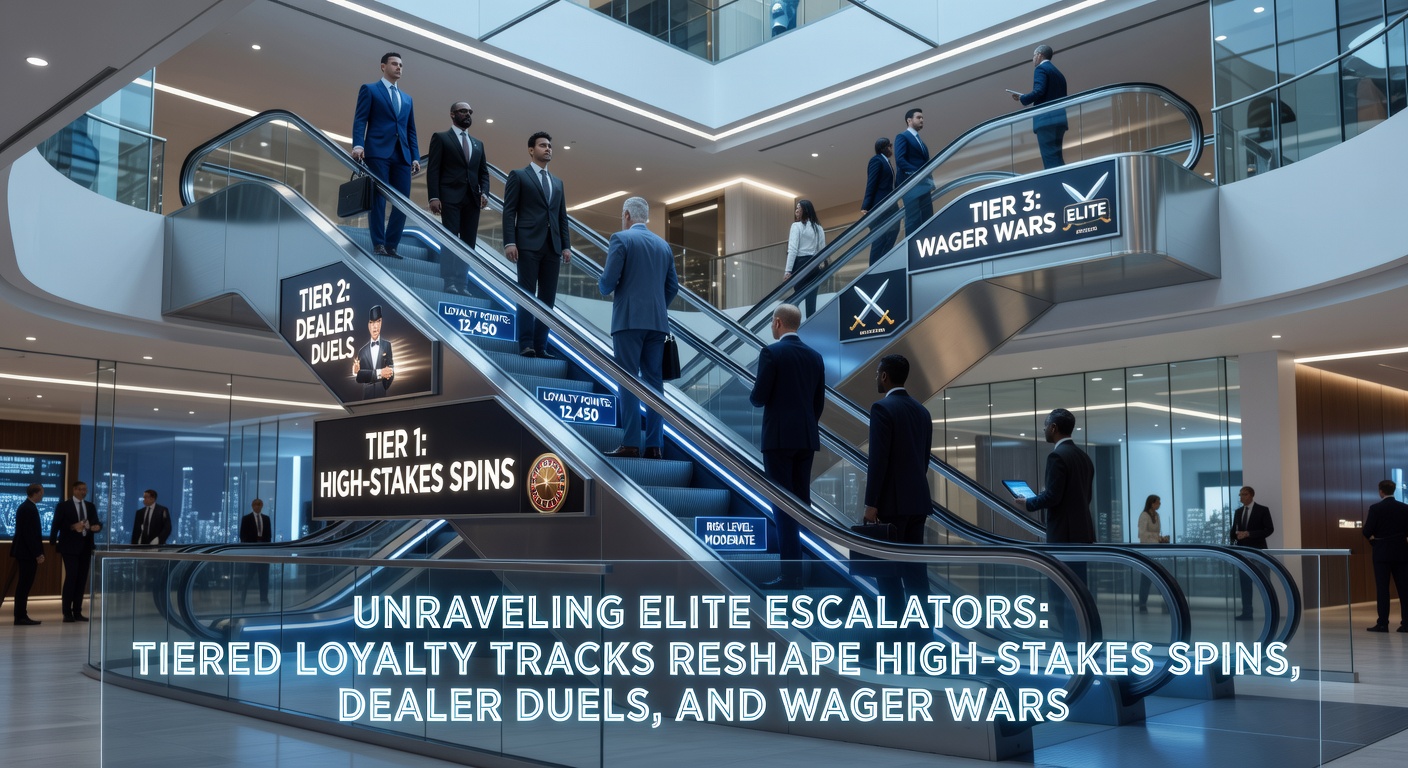 Vibrant casino floor with glowing loyalty tier displays highlighting elite escalators for high-stakes players
